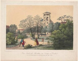 Maiaufstand 1849 in Dresden, das Turmhaus (Naacke'sche Turmhaus, Webers Hotel) am Postplatz nach dem Aufstand am 6. Mai