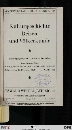 Kulturgeschichte, Reisen und Völkerkunde : Versteigerungstage: Dienstag, den 11. Dezbr., Mittwoch, den 12. Dezember 1928 (Katalog Nr. 144)