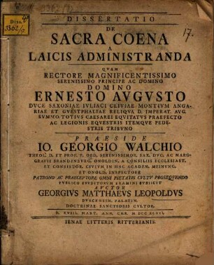 Dissertatio De Sacra Coena A Laicis Administranda