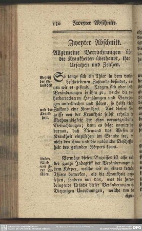 Zweyter Abschnitt. Allgemeine Betrachtungen über die Krankheiten überhaupt, ihre Ursachen und Zeichen