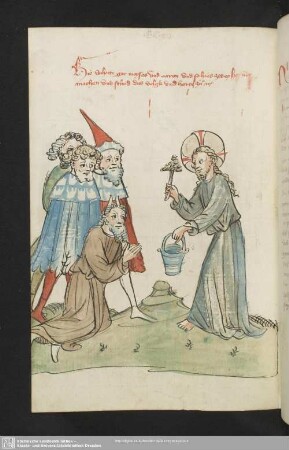 150v: kolorierte Federzeichnung: Gott weiht Moses (Aaron fehlt)
