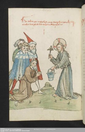 150v: kolorierte Federzeichnung: Gott weiht Moses (Aaron fehlt)