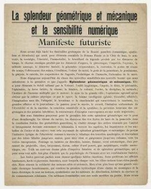 La Splendeur geometrique et mecanique et la Sensibilite numerique. Manifeste futuriste. Mailand