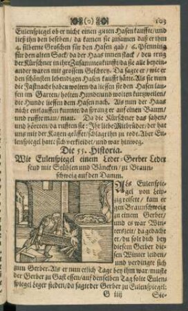 Die 55. Historia. Wie Eulenspiegel einem Leder-Gerber Leder feud mit Stühlen und Bäncken/ zu Braunschweig auf den Damm