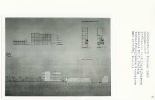 Hauptbahnhof (Diplomarbeit bei Peter Poelzig): Verwaltungsgebäude, Grundrisse 1. Obergeschoss, Dachgeschoss, Ansicht von Osten und Schnitt 1:200