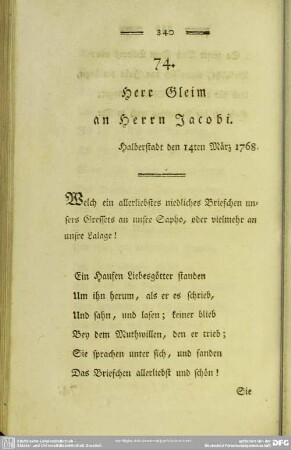 74. Herr Gleim an Herrn Jacobi. Halberstadt den 14ten März 1768