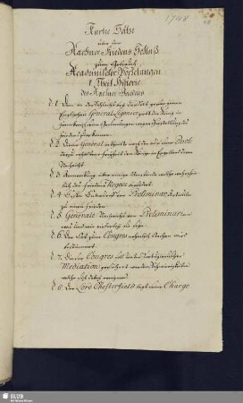 Bl. 10-17. Kurtze Sätze über den Aachner Friedens Schluß zum Gebrauch Academischer Vorlesungen. (1748).