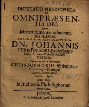 Disputatio Philosophica De Omnipraesentia Dei