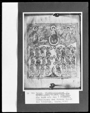 Apokalypse des Johannes (Die sog. Trierer Apokalypse) — Das Buch mit den sieben Siegeln und die 24 Ältesten, Folio 16verso