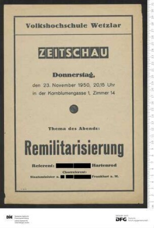 Ankündigung einer einzelnen Veranstaltung 1950
