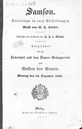 Samson : Oratorium in drei Abtheilungen
