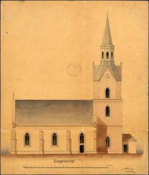 Erweiterung der Kirche in Erlach; Längenansicht; koloriert