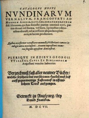 Catalogus novus nundinarum vernalium, Francofurti ad Moenam, Anno M.DCVI. celebratarum ...