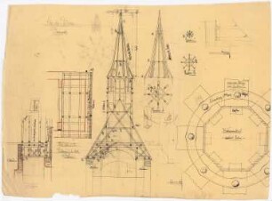 Kirche, Demnitz/Mark Umbau: Turm-Zimmerung: Details der Holzkonstruktion, Grundrisse und Schnitte 1:1, 1:50 (mit Bleistiftänderungen gegenüber Inv.Nr. 762)