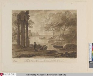 [Landschaft bei Mondschein mit Tempelruine und Wasser. Man sieht vorn Jonas und den Walfisch in der See.]