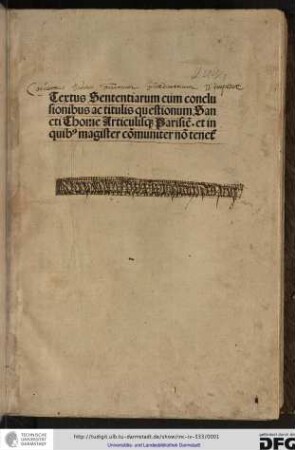 Textus sententiarum cum conclusionibus ac titulis questionum sancti Thome articulisque Parisiensibus et in quibus magister communiter non tenetur.