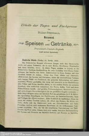 Urteile der Tages- und Fachpresse über Blüher-Petermann, Meisterwerk der Speisen und Getränke. Französisch-Deutsch-Englisch. (und andere Sprachen)