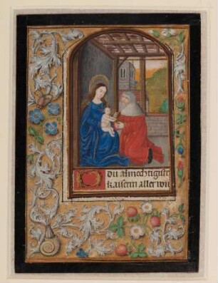 Vollbordürenseite mit Miniatur (Anbetung der Könige I), Initiale O und Blattrankenbordüre