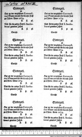 Stewrzetl. zu Hat an der verglichnen Extraordinari Stewr entricht für die erste Frist zu Ostern Anno 1674. fl. ß. pf. Und für die andere Frist S. Bartholomaei gemelten Jahrs. fl. ß. pf. Gericht
