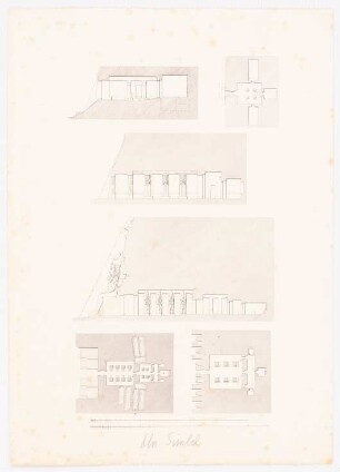 Felsentempel des König Ramses II. und kleiner Tempel der Nefertari, Abu Simbel: Drei Grundrisse und drei Schnitte der Tempel, zwei Maßstabsleisten (Druck von Inv.Nr. 44808, ohne aufgeklebte Transparentzeichnungen)