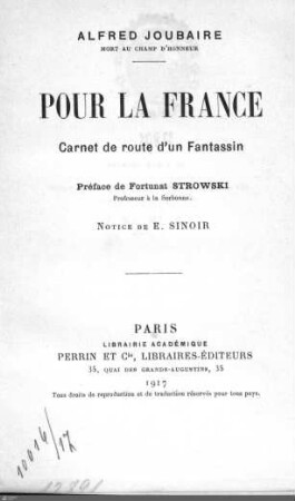 Pour la France : carnet de route d'un Fantassin