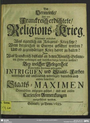 Der vermeinte, und von Franckreich erdichtete, Religions-Krieg ...