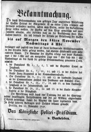 Bekanntmachung. Die durch Bekanntmachung vom gestrigen Tage [...] (Sammlung Friedlaender)