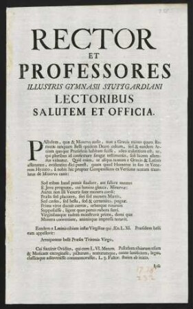 Rector Et Professores Illustris Gymnasii Stuttgardiani Lectoribus Salutem Et Officia