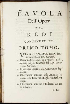 Tavola Dell' Opere Del Redi Contenute Nel Primo Tomo