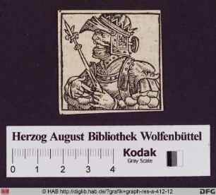 Brustbildnis eines Fürsten mit Helm, Krone und Szepter in Rüstung im Profil nach rechts.