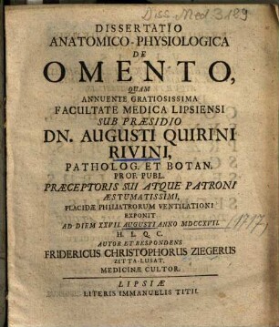 Dissertatio Anatomico-Physiologica De Omento