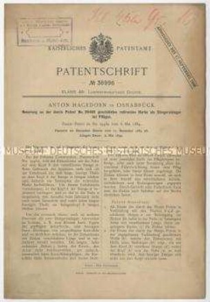 Patentschrift einer Neuerung an der durch Nr. 29460 geschützten rotierenden Harke als Düngereinleger bei Pflügen, Patent-Nr. 36996