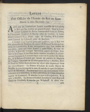 Lettre d'un Officier de l'Armée du Roi en Saxe : Dresde le 18me Decembre 1745