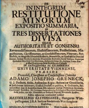 De in integrum restitutione minorum expositio summaria, in tres dissertationes divisa
