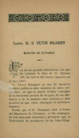 Excmo. Sr. D. Víctor Balaguer. Ministro de Ultramar
