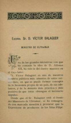 Excmo. Sr. D. Víctor Balaguer. Ministro de Ultramar