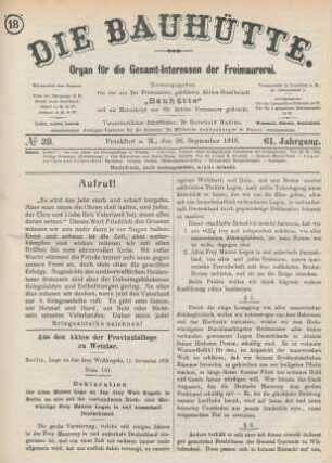 No 39. Frankfurt a. M., den 28. September 1918. 61. Jahrgang.