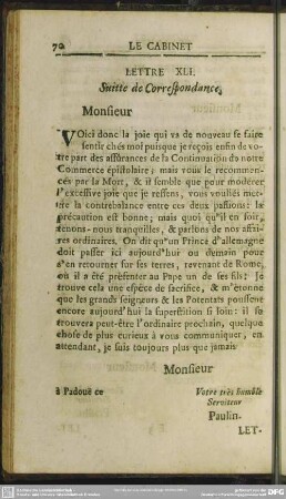 Lettre XLI. Suitte [Suite] de Correspondance