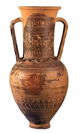 Halsamphora (Hals: Totenaufbahrung | Körper: Streitwagen und Krieger)