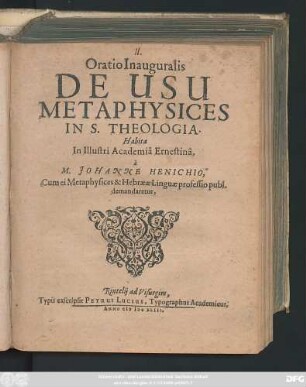Oratio Inauguralis De Usu Metaphysices In S. Theologia
