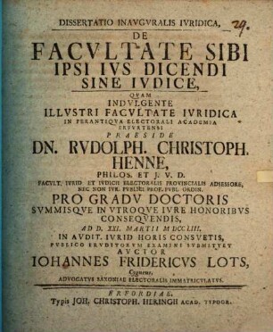 Dissertatio Inavgvralis Ivridica, De Facvltate Sibi Ipsi Ivs Dicendi Sine Ivdice
