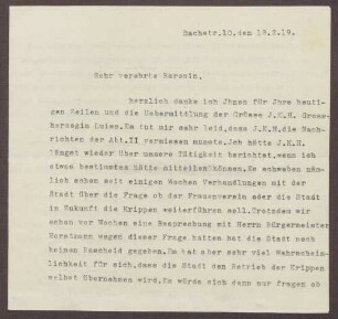 Schreiben von Bertha Dahlmann an die Großherzogin Luise; Verhandlungen mit der Stadt, ob der Frauenverein oder die Stadt die Krippen führen soll