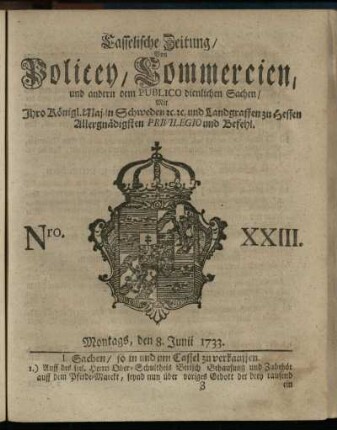 Nro. XXIII, Montags, den 8. Junii 1733