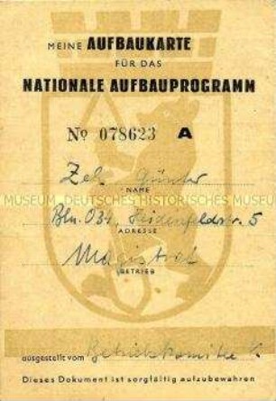 Nachweiskarte des Nationalen Aufbauwerkes über geleistete Arbeitsstunden