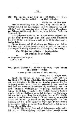 Zuständigkeit bei Wiedereinstellung unfreiwillig entlassener Lehrer : [IV. Seminare, etc., Bildung der Lehrer und deren persönliche Verhältnisse]