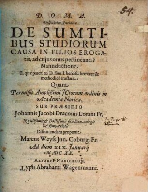 Disp. iur. de sumtibus studiorum causa in filios erogatis, ad cuius onus pertineant?