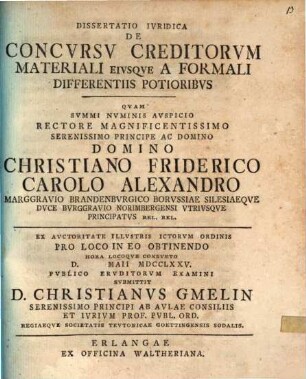 Diss. iur. de concursu creditorum materiali, eiusque a formali differentiis potioribus