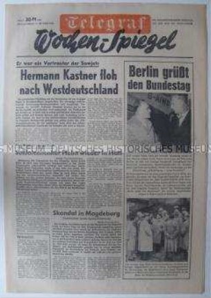 Wochenausgabe der West-Berliner Tageszeitung "Telegraf" u.a. zur Flucht des ehemaligen LDPD-Vorsitzenden Kastner in die Bundesrepublik
