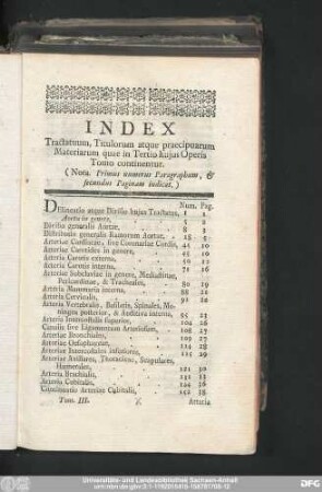 Index Tractatuum, Titulorum atque praecipuarum Materiarum quae in Tertio huius Operis Tomo continentur.
