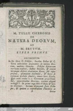 M. Tullii Ciceronis De Natura Deorum, Ad M. Brutum, Liber Primus.